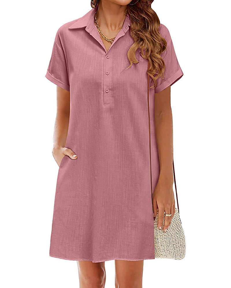 Womens Cotton Shirt Dress Summer Casual Short Sleeve Button Down Beach Cover Up Shirts with Pockets - Zeagoo (Us Only)