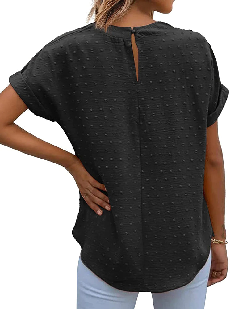 Women's Casual Swiss Dot Chiffon Summer Tops Round Neck Blouse Shirts Short Sleeve Work Office Loose Shirt - Zeagoo (Us Only)