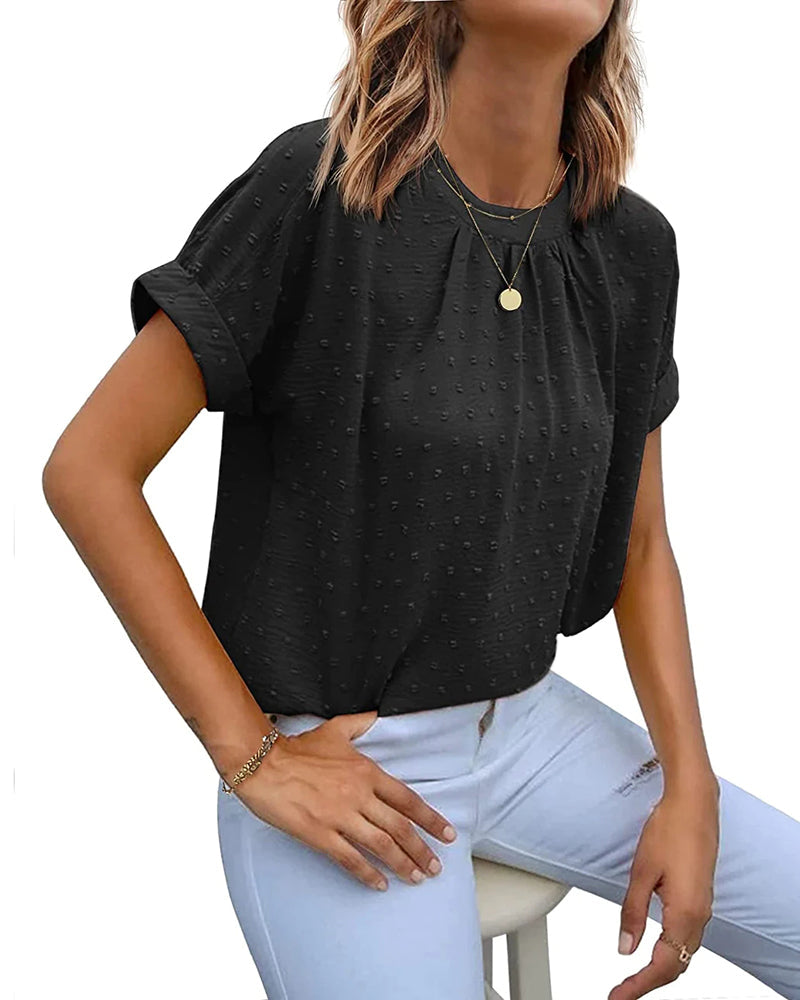 Women's Casual Swiss Dot Chiffon Summer Tops Round Neck Blouse Shirts Short Sleeve Work Office Loose Shirt - Zeagoo (Us Only)