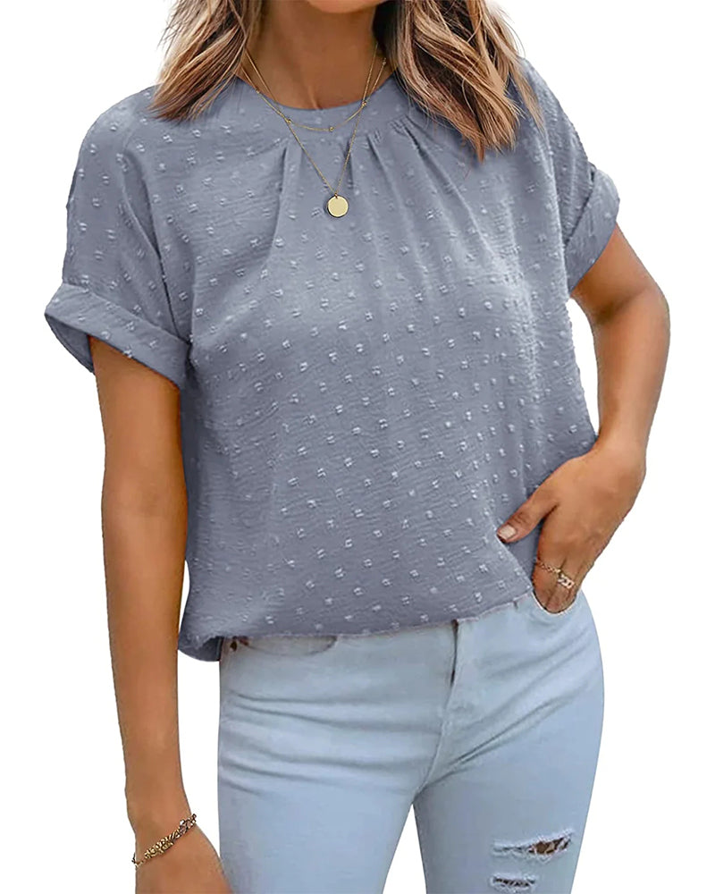 Women's Casual Swiss Dot Chiffon Summer Tops Round Neck Blouse Shirts Short Sleeve Work Office Loose Shirt - Zeagoo (Us Only)