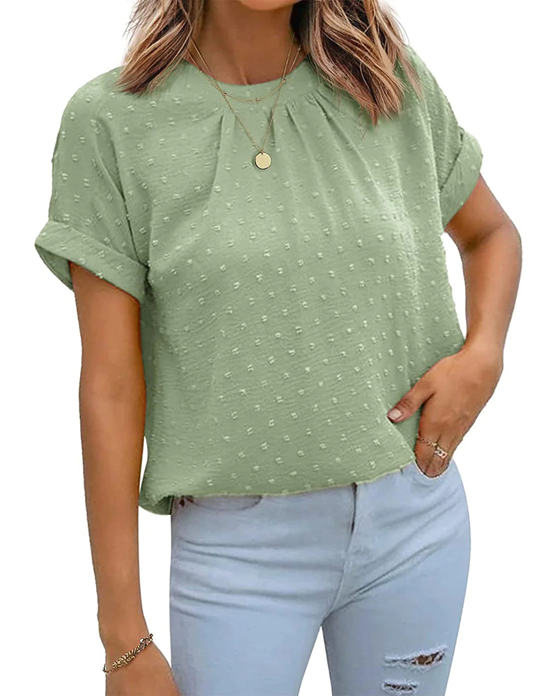 Women's Casual Swiss Dot Chiffon Summer Tops Round Neck Blouse Shirts Short Sleeve Work Office Loose Shirt - Zeagoo (Us Only)