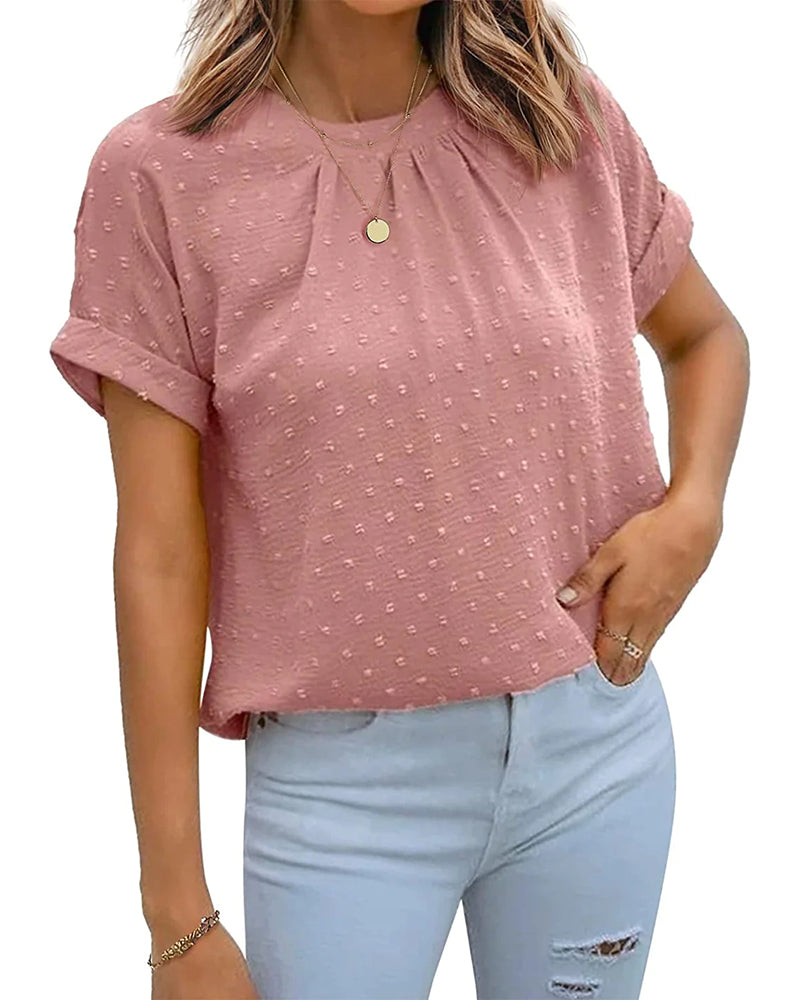 Women's Casual Swiss Dot Chiffon Summer Tops Round Neck Blouse Shirts Short Sleeve Work Office Loose Shirt - Zeagoo (Us Only)