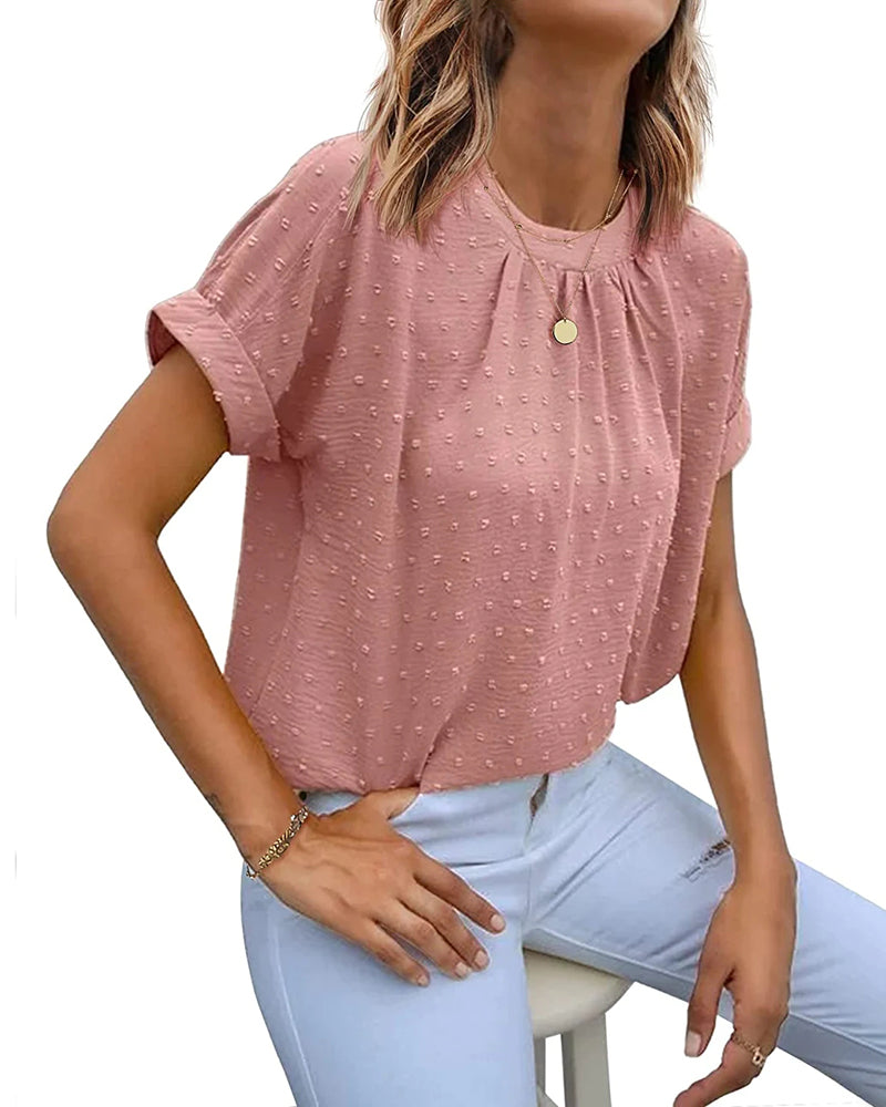 Women's Casual Swiss Dot Chiffon Summer Tops Round Neck Blouse Shirts Short Sleeve Work Office Loose Shirt - Zeagoo (Us Only)