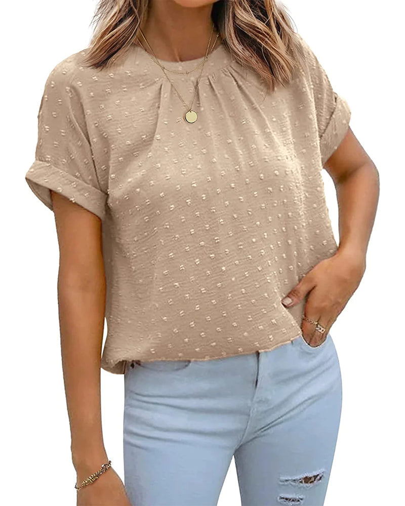 Women's Casual Swiss Dot Chiffon Summer Tops Round Neck Blouse Shirts Short Sleeve Work Office Loose Shirt - Zeagoo (Us Only)