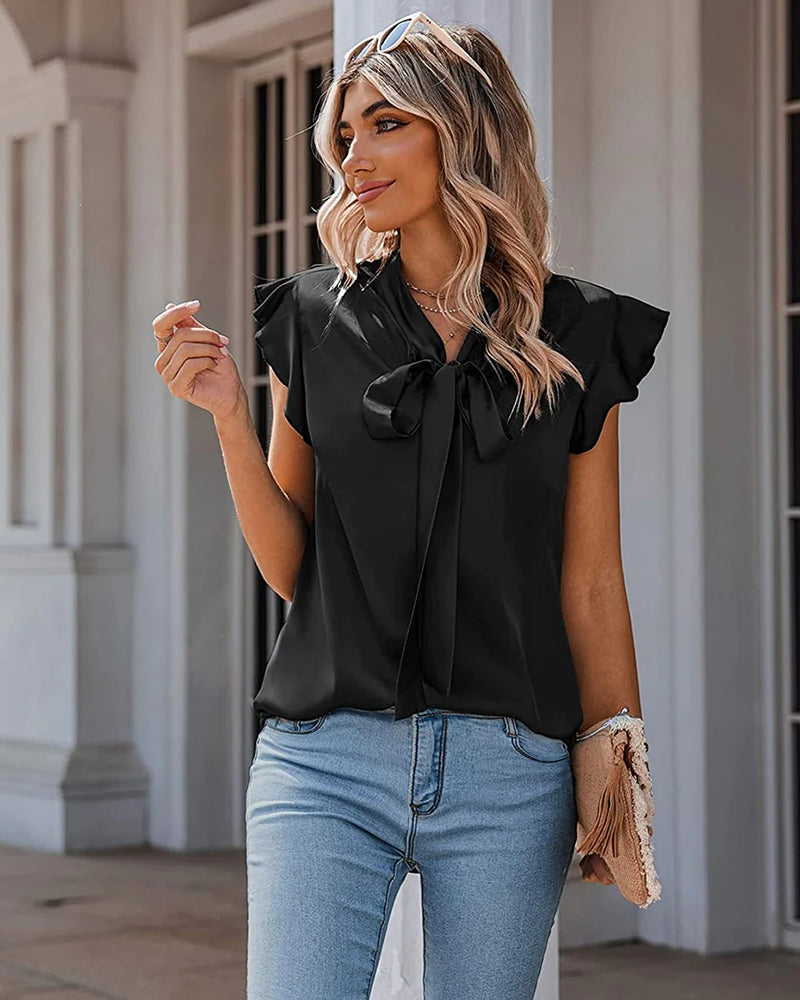 Satin Blouses for Women Sleeveless Bow Tops Ruffle Trim Spring Top S-XXL - Zeagoo (Us Only)