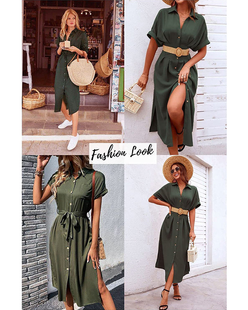 Zeagoo Womens Linen Shirt Dress Casual Short Sleeve Button Front Dress Belt Side Slit Midi Dresses with Pockets (US Only)