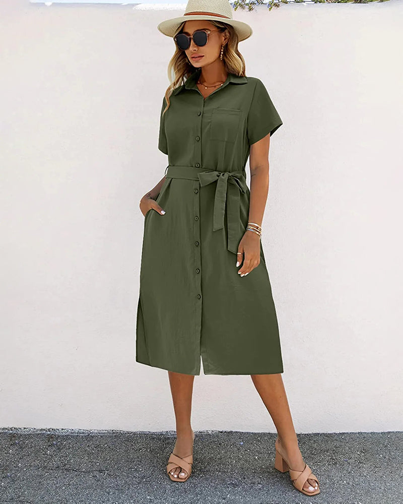 Zeagoo Womens Linen Shirt Dress Casual Short Sleeve Button Front Dress Belt Side Slit Midi Dresses with Pockets (US Only)