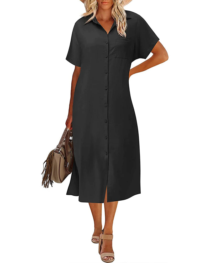 Zeagoo Womens Linen Shirt Dress Casual Short Sleeve Button Front Dress Belt Side Slit Midi Dresses with Pockets (US Only)