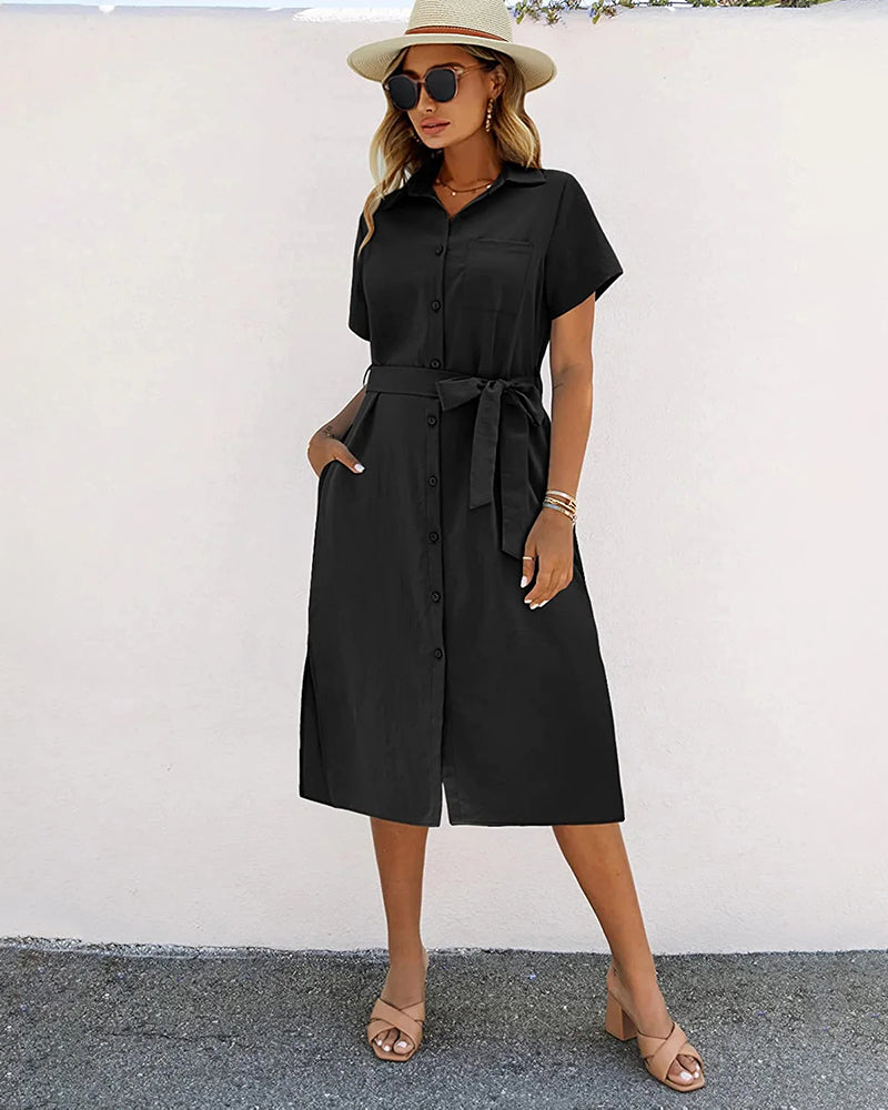 Zeagoo Womens Linen Shirt Dress Casual Short Sleeve Button Front Dress Belt Side Slit Midi Dresses with Pockets (US Only)