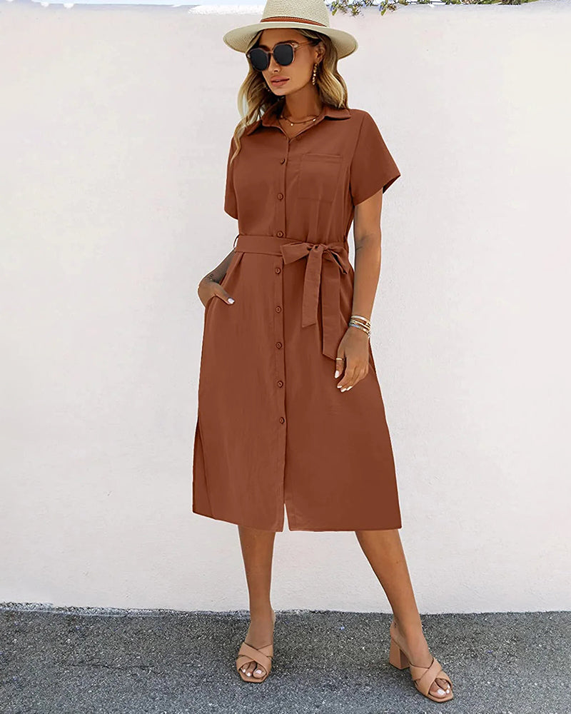 Zeagoo Womens Linen Shirt Dress Casual Short Sleeve Button Front Dress Belt Side Slit Midi Dresses with Pockets (US Only)