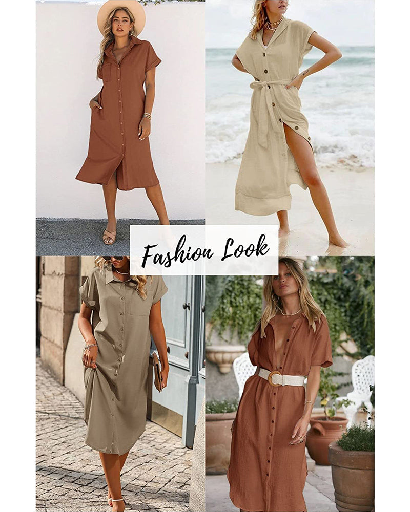 Zeagoo Womens Linen Shirt Dress Casual Short Sleeve Button Front Dress Belt Side Slit Midi Dresses with Pockets (US Only)