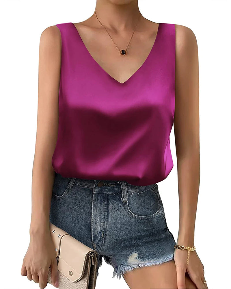 Zeagoo Women 2023 Silk Satin Tank Top Casual V Neck Camisole Blouses Loose Sleeveless Cami Basic Tank Shirt (US Only)