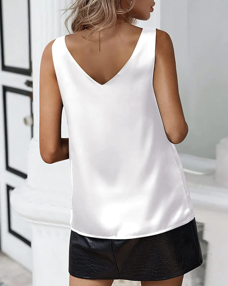 Zeagoo Women 2023 Silk Satin Tank Top Casual V Neck Camisole Blouses Loose Sleeveless Cami Basic Tank Shirt (US Only)