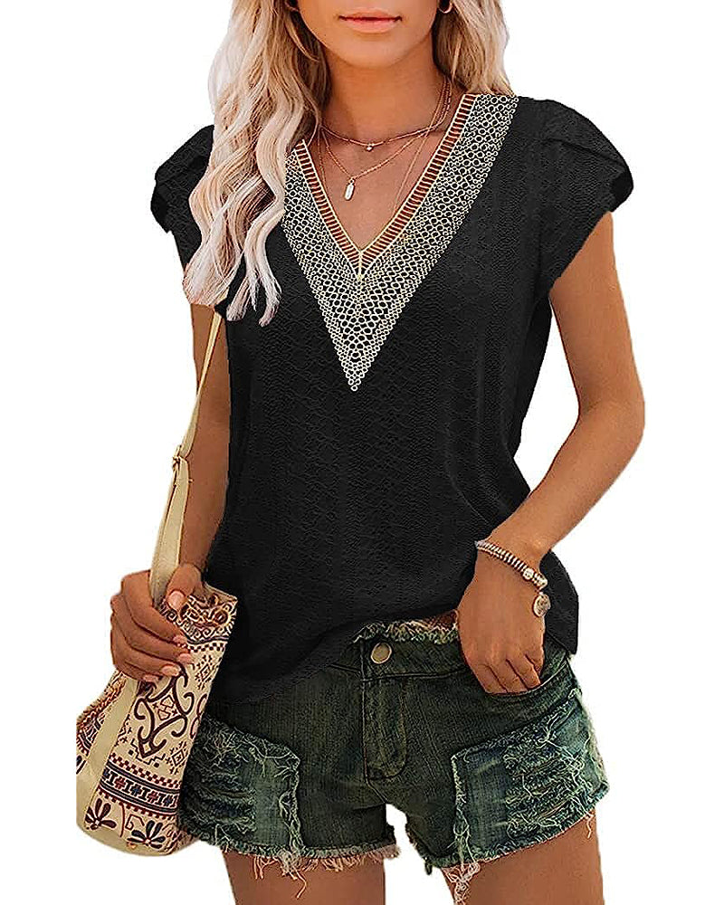 Zeagoo Short Sleeve Tops for Women Casual V Neck Lace T-Shirts Petal Sleeve Shirt Eyelet Pleated Loose Blouses (Us Only)