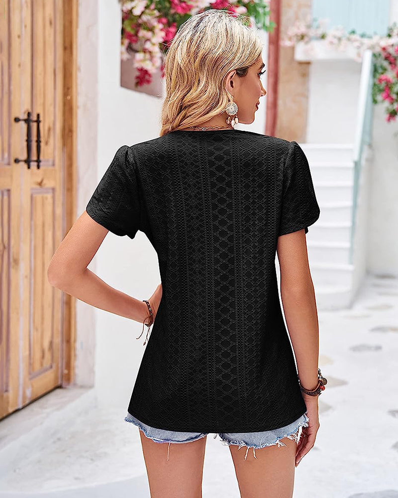 Zeagoo Short Sleeve Tops for Women Casual V Neck Lace T-Shirts Petal Sleeve Shirt Eyelet Pleated Loose Blouses (Us Only)