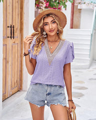 Zeagoo Short Sleeve Tops for Women Casual V Neck Lace T-Shirts Petal Sleeve Shirt Eyelet Pleated Loose Blouses (Us Only)