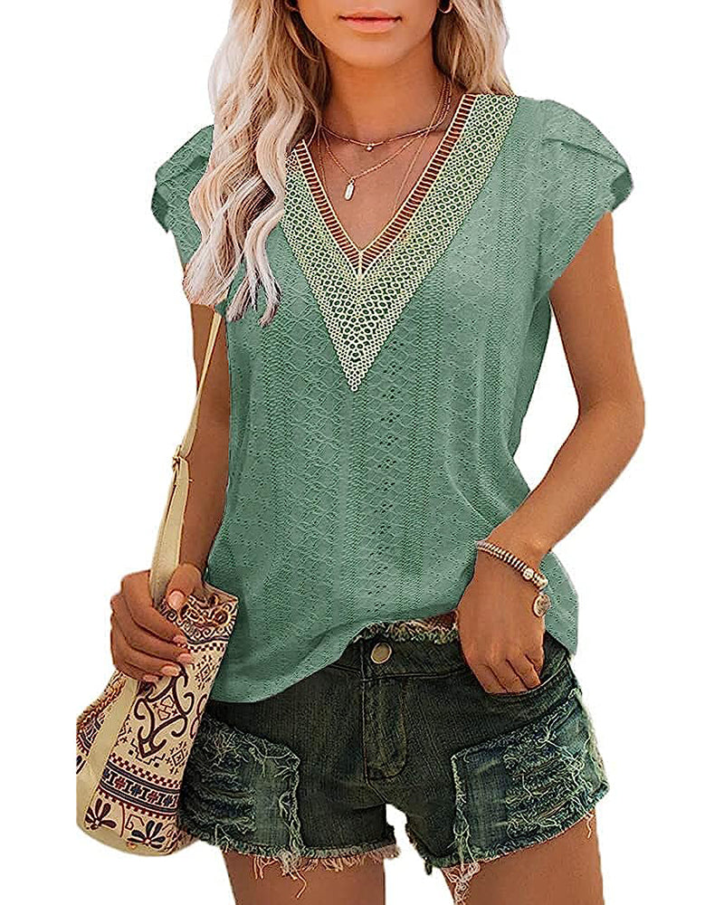 Zeagoo Short Sleeve Tops for Women Casual V Neck Lace T-Shirts Petal Sleeve Shirt Eyelet Pleated Loose Blouses (Us Only)