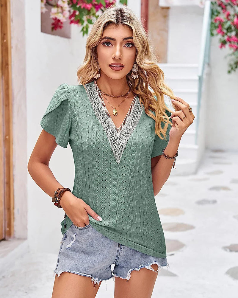 Zeagoo Short Sleeve Tops for Women Casual V Neck Lace T-Shirts Petal Sleeve Shirt Eyelet Pleated Loose Blouses (Us Only)