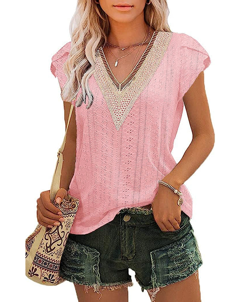 Zeagoo Short Sleeve Tops for Women Casual V Neck Lace T-Shirts Petal Sleeve Shirt Eyelet Pleated Loose Blouses (Us Only)