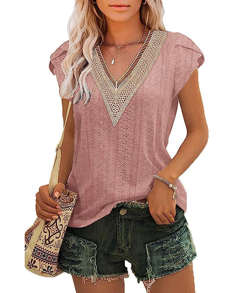 Zeagoo Short Sleeve Tops for Women Casual V Neck Lace T-Shirts Petal Sleeve Shirt Eyelet Pleated Loose Blouses (Us Only)