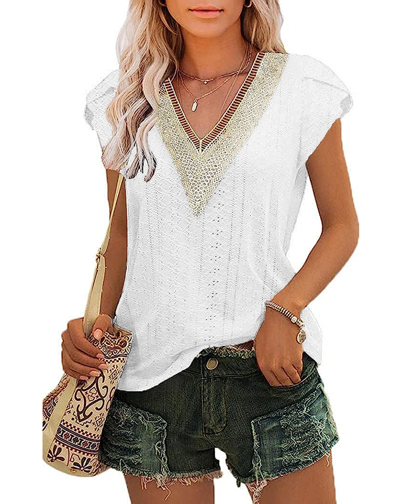 Zeagoo Short Sleeve Tops for Women Casual V Neck Lace T-Shirts Petal Sleeve Shirt Eyelet Pleated Loose Blouses (Us Only)