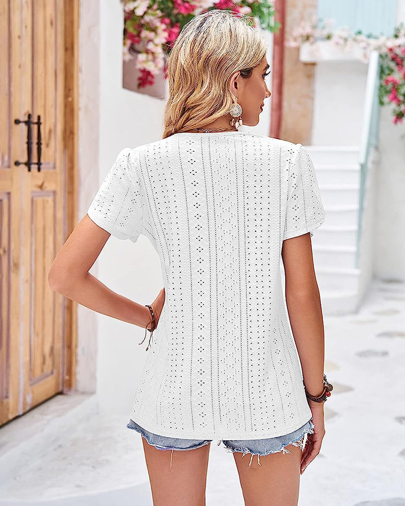 Zeagoo Short Sleeve Tops for Women Casual V Neck Lace T-Shirts Petal Sleeve Shirt Eyelet Pleated Loose Blouses (Us Only)