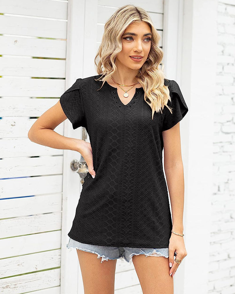Zeagoo Short Sleeve Tops for Women Casual V Neck T-Shirts Petal Sleeve Shirt Eyelet Pleated Loose Blouses (Us Only)