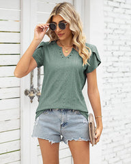 Zeagoo Short Sleeve Tops for Women Casual V Neck T-Shirts Petal Sleeve Shirt Eyelet Pleated Loose Blouses (Us Only)