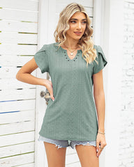 Zeagoo Short Sleeve Tops for Women Casual V Neck T-Shirts Petal Sleeve Shirt Eyelet Pleated Loose Blouses (Us Only)