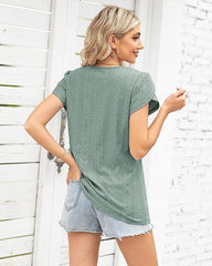 Zeagoo Short Sleeve Tops for Women Casual V Neck T-Shirts Petal Sleeve Shirt Eyelet Pleated Loose Blouses (Us Only)