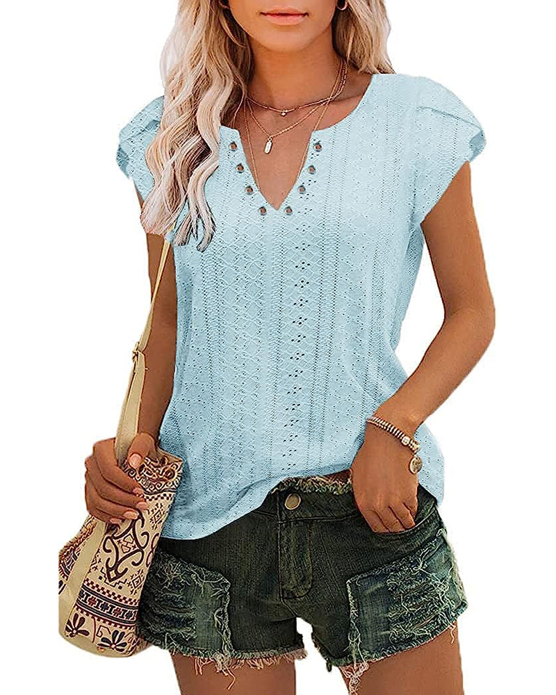 Zeagoo Short Sleeve Tops for Women Casual V Neck T-Shirts Petal Sleeve Shirt Eyelet Pleated Loose Blouses (Us Only)