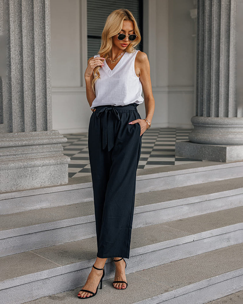 Women Long Lounge Pants with Pockets High Waisted Wide Leg Business Work Trousers Pant - Zeagoo (Us Only)