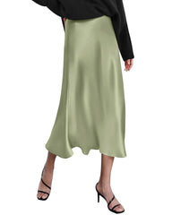 New Womens Midi Skirt High Waisted Solid Satin Dress Zipper Elegant Work Skirts - Zeagoo (Us Only)