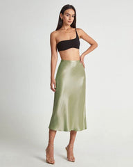 New Womens Midi Skirt High Waisted Solid Satin Dress Zipper Elegant Work Skirts - Zeagoo (Us Only)