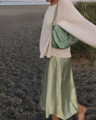 New Womens Midi Skirt High Waisted Solid Satin Dress Zipper Elegant Work Skirts - Zeagoo (Us Only)