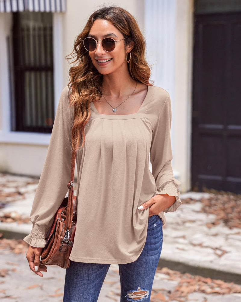 Zeagoo Long Sleeve Shirts for Women Square Neck Pleated Tunic Tops Loose Fit Fashion Blouses S-2XL