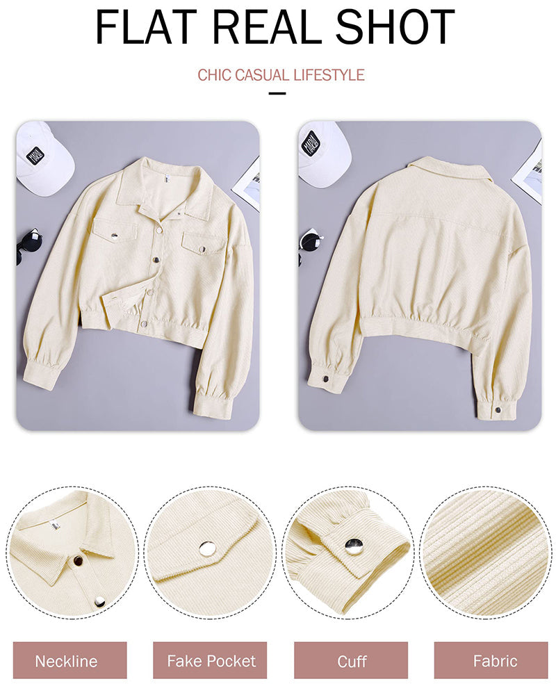 Women's Fashion Cropped Shacket Long SLeeve Trendy Button Down Corduroy Shirts Shacket Jackets - Zeagoo (Us Only)