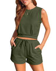 Womens Summer 2 Piece Outfits Sleeveless Round Neck Tops and High-waisted with Drawstring Casual Shorts Tracksuit Sets - Zeagoo (Us Only)