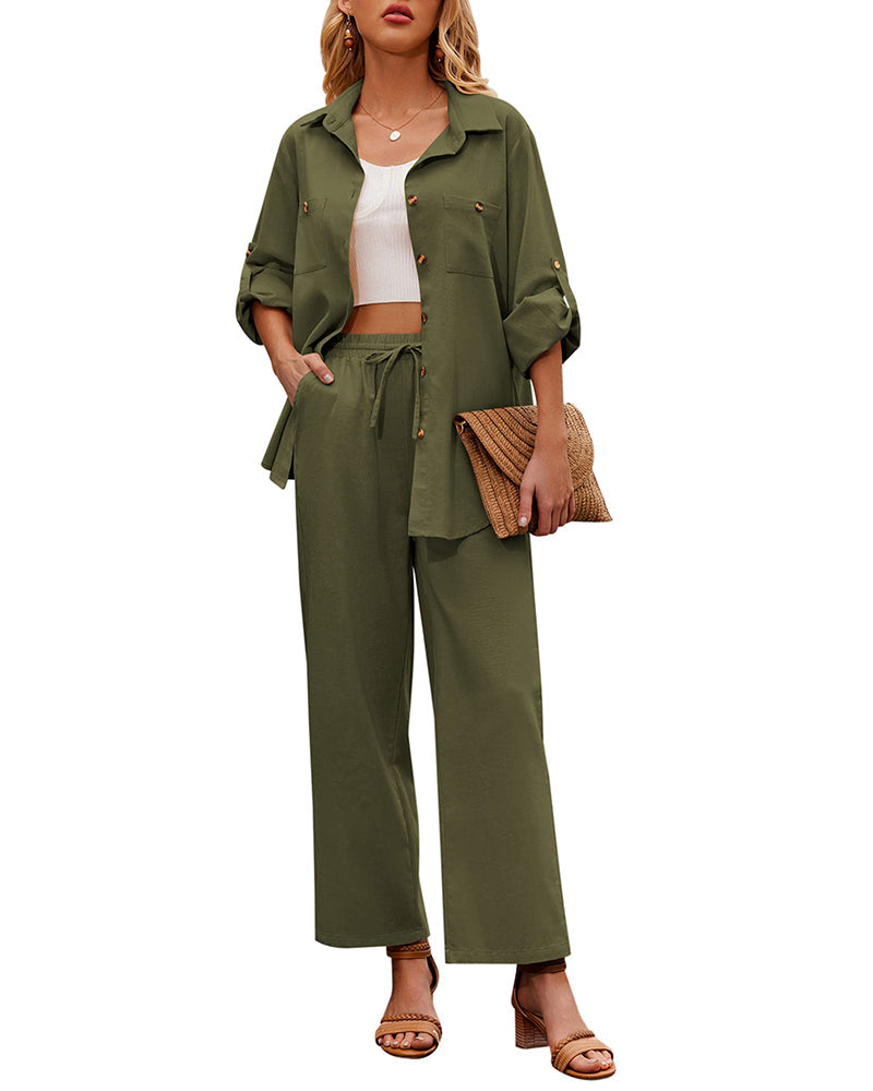 Zeagoo Women 2 Piece Linen Sets Button Down Shirt and Drawstring Long Pants Set Summer Outfits (US Only)