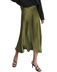 Womens Midi Skirt High Waisted Solid Satin Dress Zipper Elegant Work Skirts - Zeagoo (Us Only)