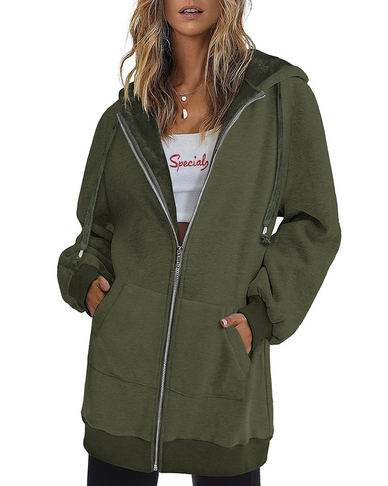 Women Zip Up Hoodies Long Fleece Jacket Lightweight Tunic Hooded Sweatshirt Oversize Winter Coat With Pockets - Zeagoo (Us Only)