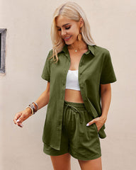 Women 2 Piece Linen Set Outfit Summer Button Down Casual Lounge Beach Set - Zeagoo (Us Only)