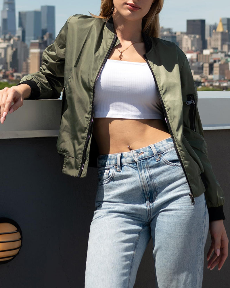 Women Classic Solid Biker Jacket Zip Up Bomber Jacket - Zeagoo (Us Only)