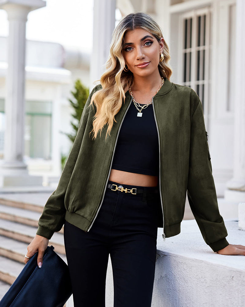 Faux Bomber Zip Up Lightweight Jacket Coat with Pockets - Zeagoo (Us Only)