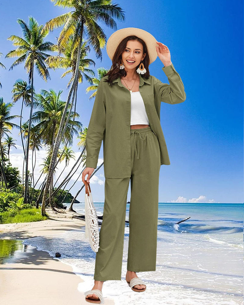 Women 2 Piece Linen Sets Button Down Linen Shirts Summer Loose Long Pants Vacation Beach Outfits - Zeagoo (Us Only)