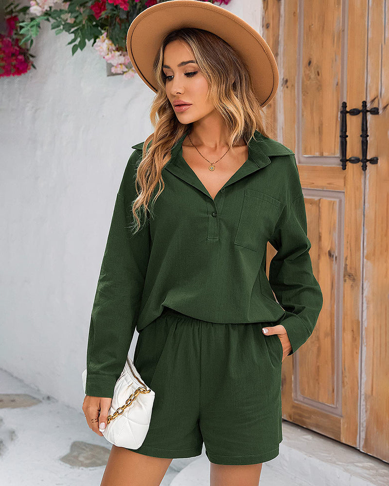 Womens 2 Piece Outfits Lounge Sets Cotton Linen Long Sleeve V-Neck Shirt and Mini Shorts With Pockets - Zeagoo (Us Only)