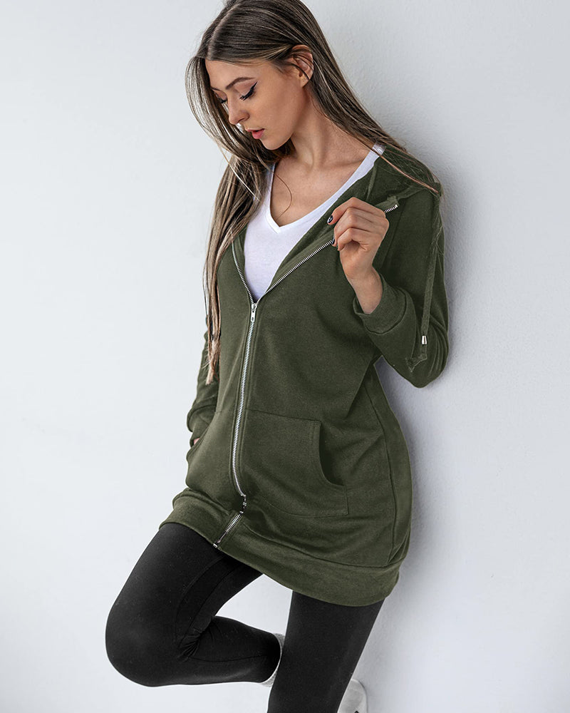 Women Zip Up Hoodies Long Fleece Jacket Lightweight Tunic Hooded Sweatshirt Oversize Winter Coat With Pockets - Zeagoo (Us Only)