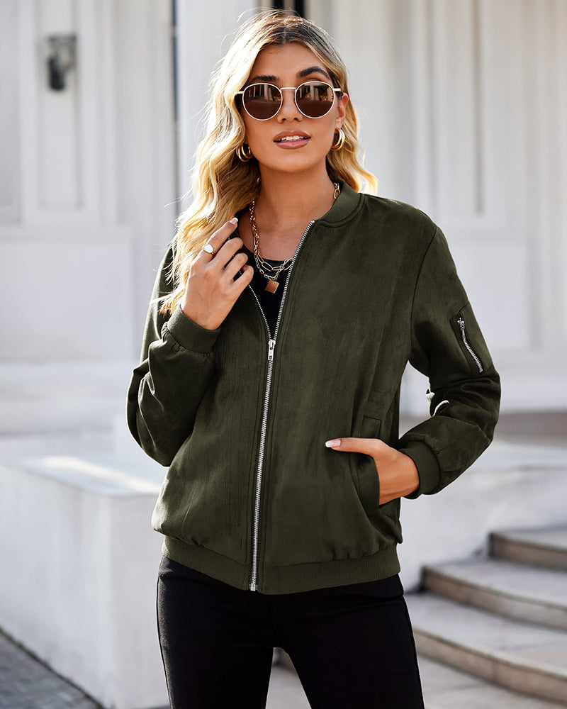 Faux Bomber Zip Up Lightweight Jacket Coat with Pockets - Zeagoo (Us Only)