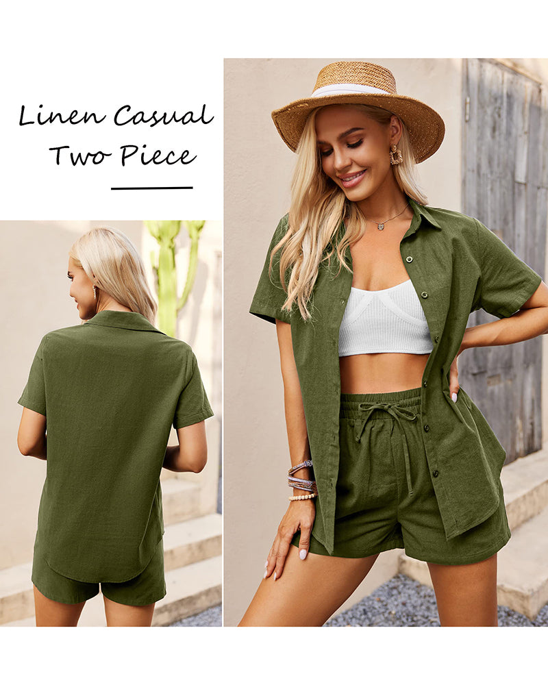 Women 2 Piece Linen Set Outfit Summer Button Down Casual Lounge Beach Set - Zeagoo (Us Only)