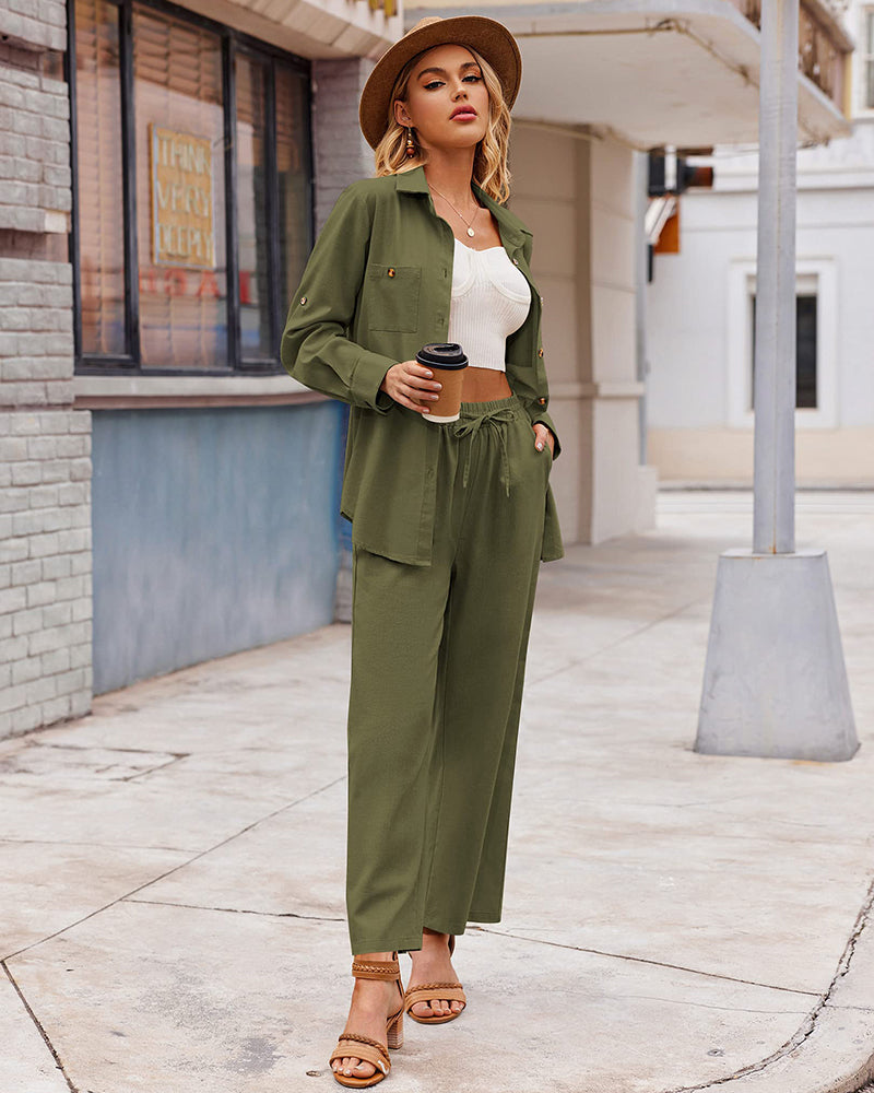 Zeagoo Women 2 Piece Linen Sets Button Down Shirt and Drawstring Long Pants Set Summer Outfits (US Only)